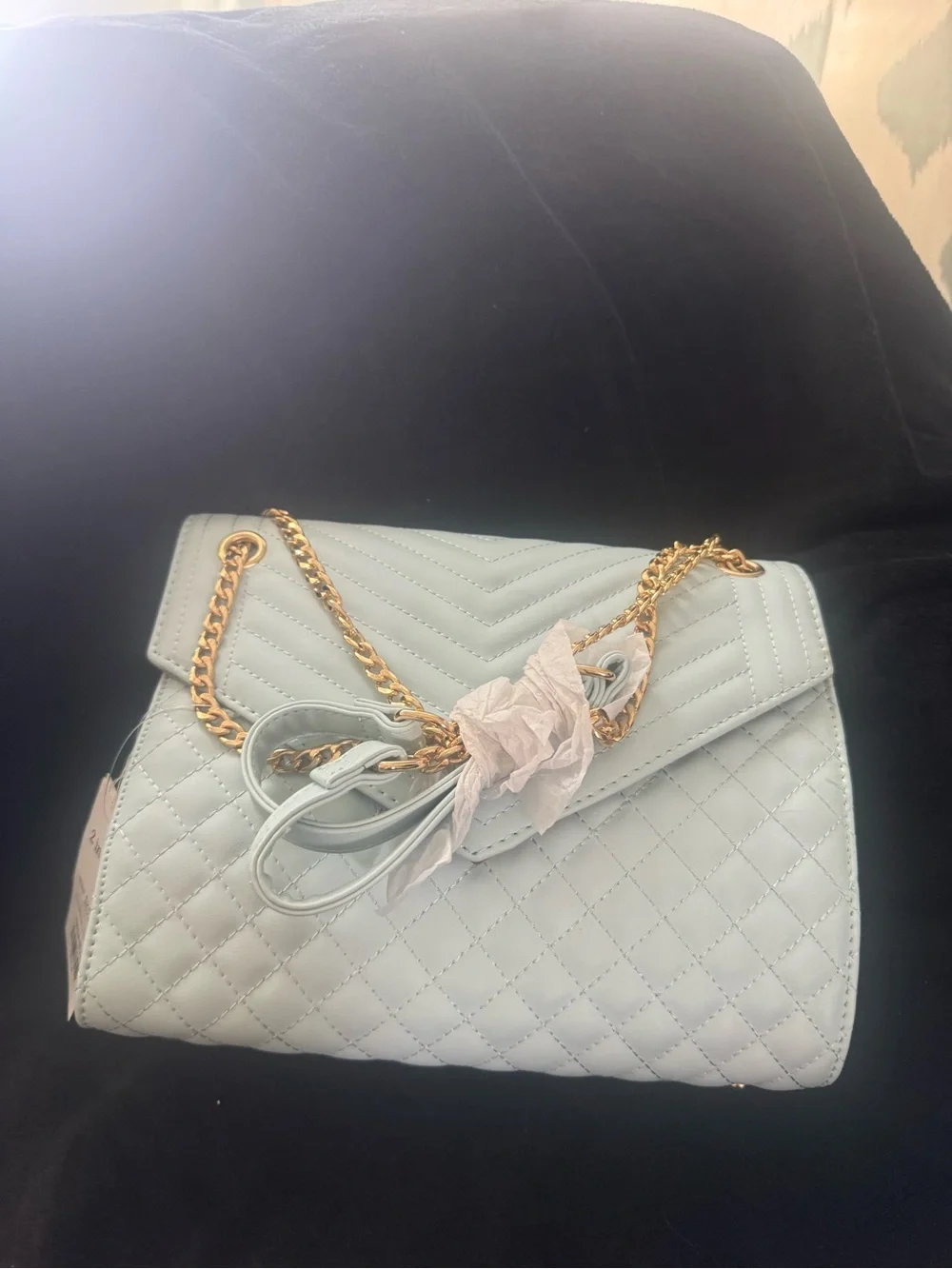Quilted Chevron Flap Shoulder Bag with Wristlet - Pale Blue vegan leather